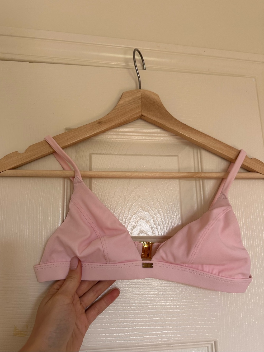 Light Pink Triangle Bikini Top with Gold Accent - Women Swim Bikinis
